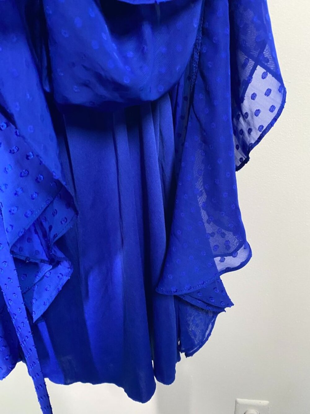 Polka Dot Sheer Royal Blue 22w Wrap Dress With Flutter Sleeves & Tie Waist - Picture 6 of 11